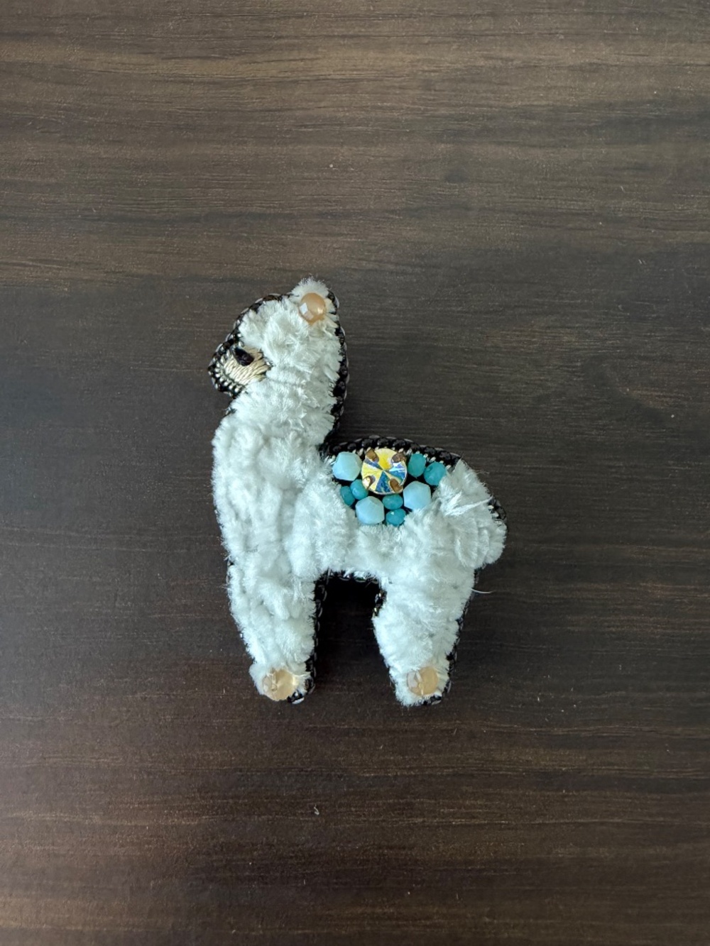 Handmade Llama/Alpaca Brooch Pin White Fluffy Beaded Embroidered Boho Whimsical